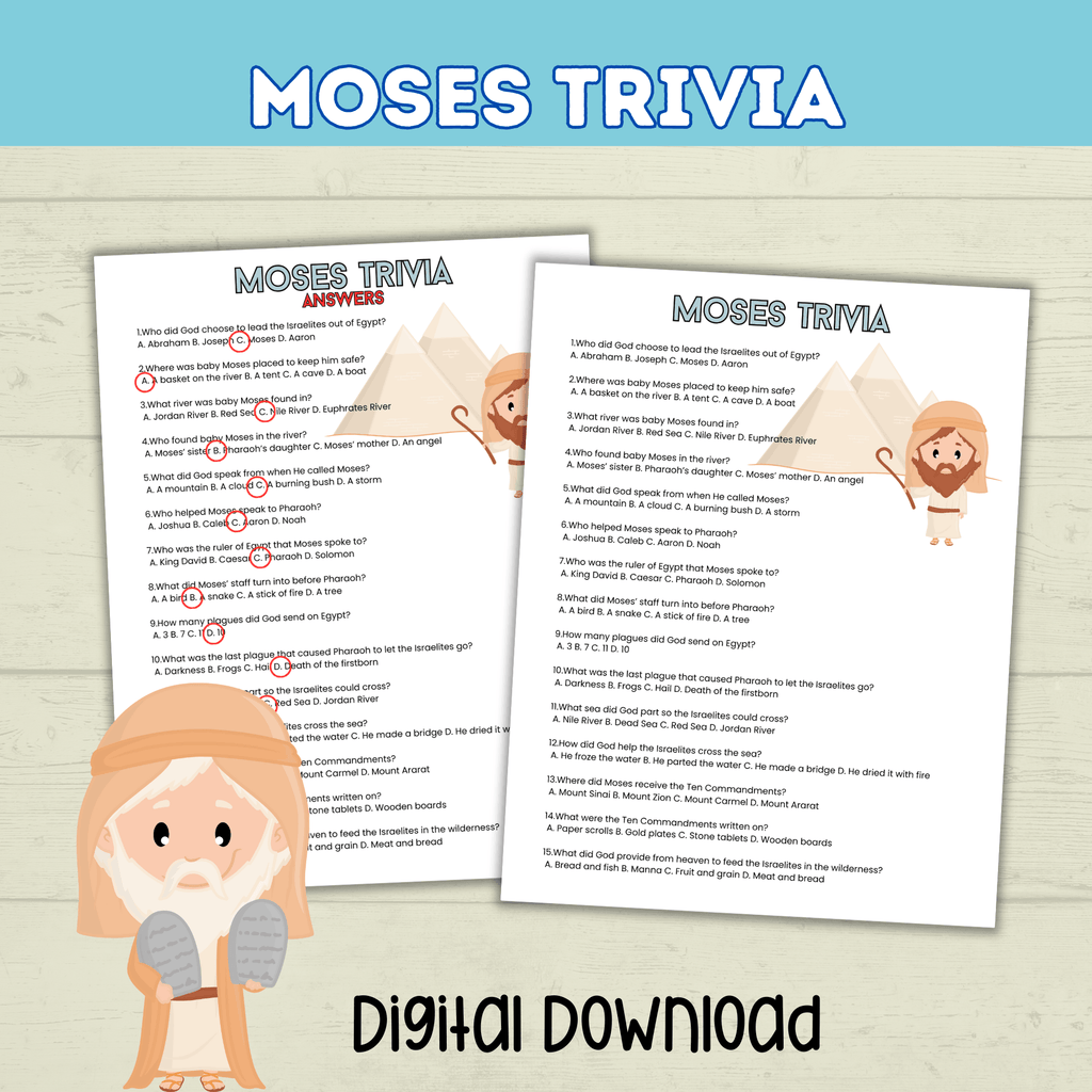 Moses Trivia Bible Game for Kids, Sunday School Old Testament Activity, Bible Lesson for Kids, Homeschool, Church Printable