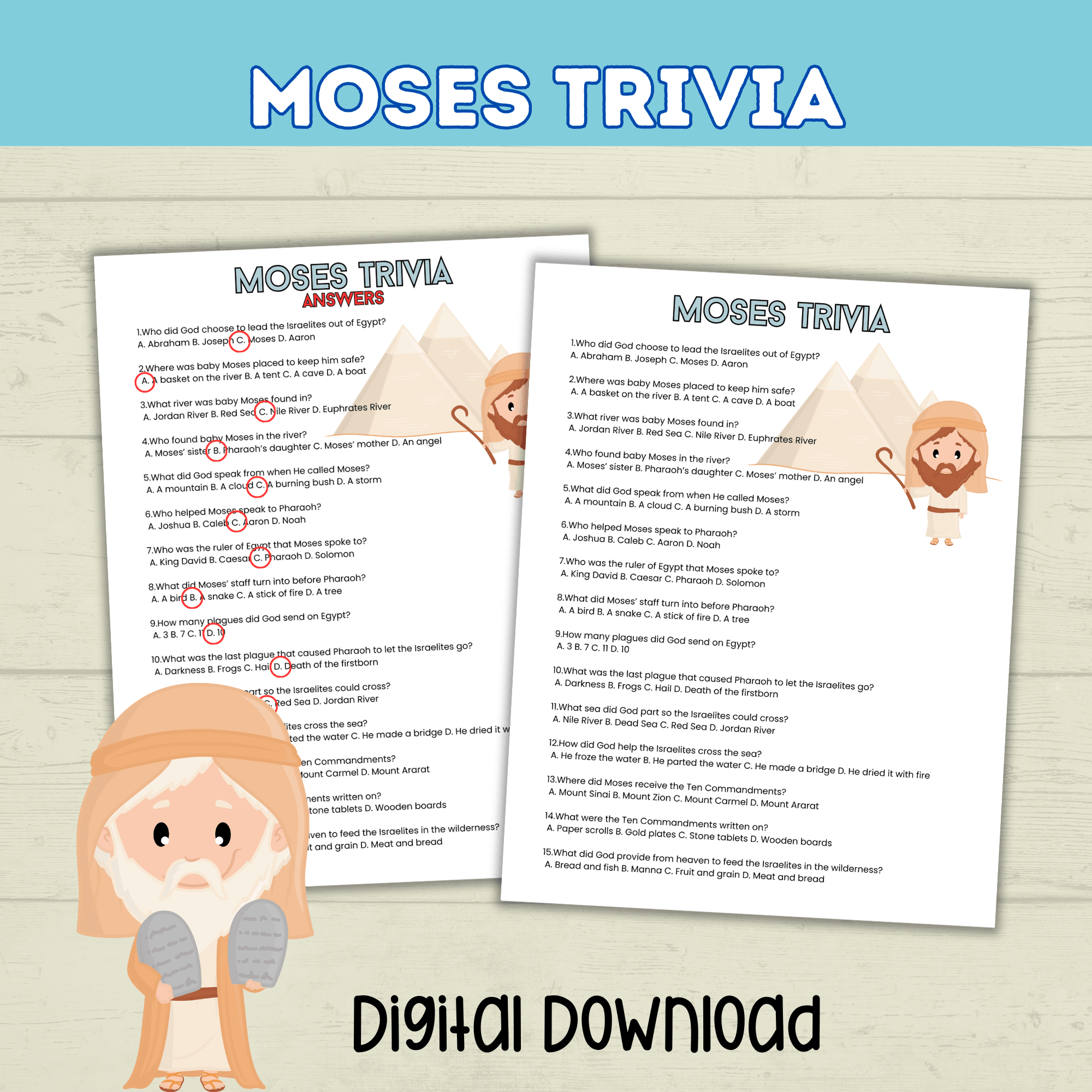 Moses Trivia Bible Game for Kids, Sunday School Old Testament Activity, Bible Lesson for Kids, Homeschool, Church Printable