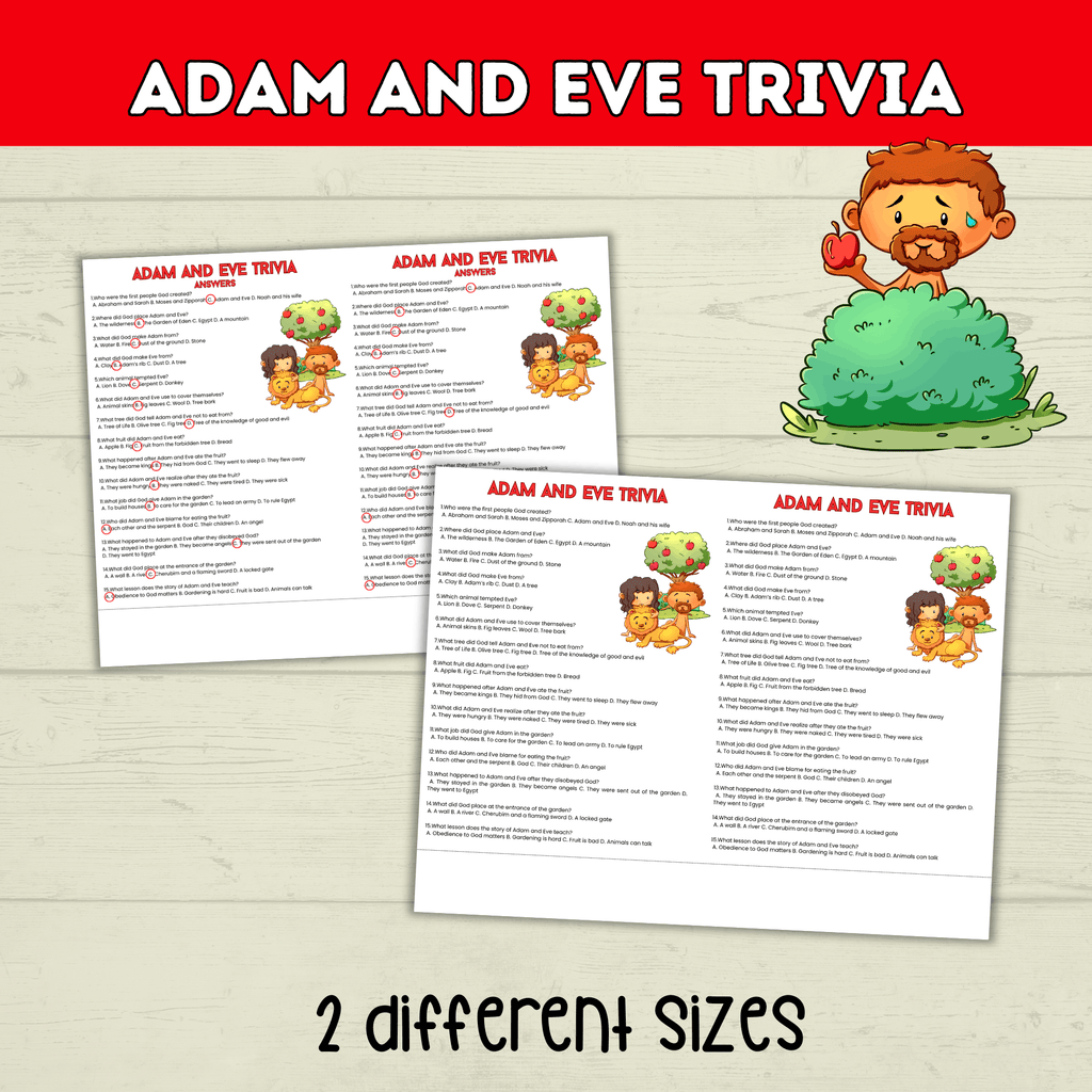 Adam and Eve Trivia Printable for Kids, Garden of Eden, Bible Characters, Sunday School Lesson