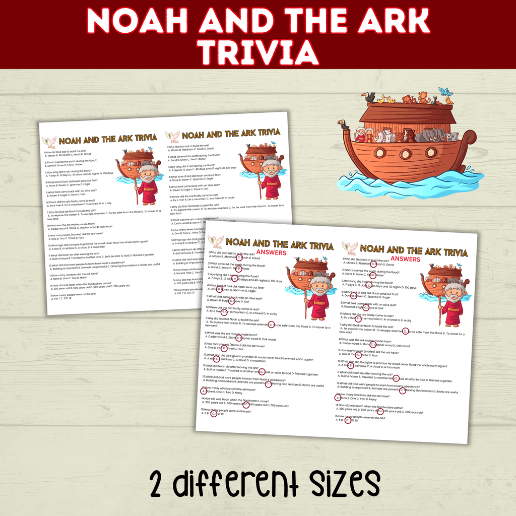 Noah's Ark Trivia Game Printable Old Testament Activity, Sunday School, Church, Homeschool Genesis Lesson, Bible Characters
