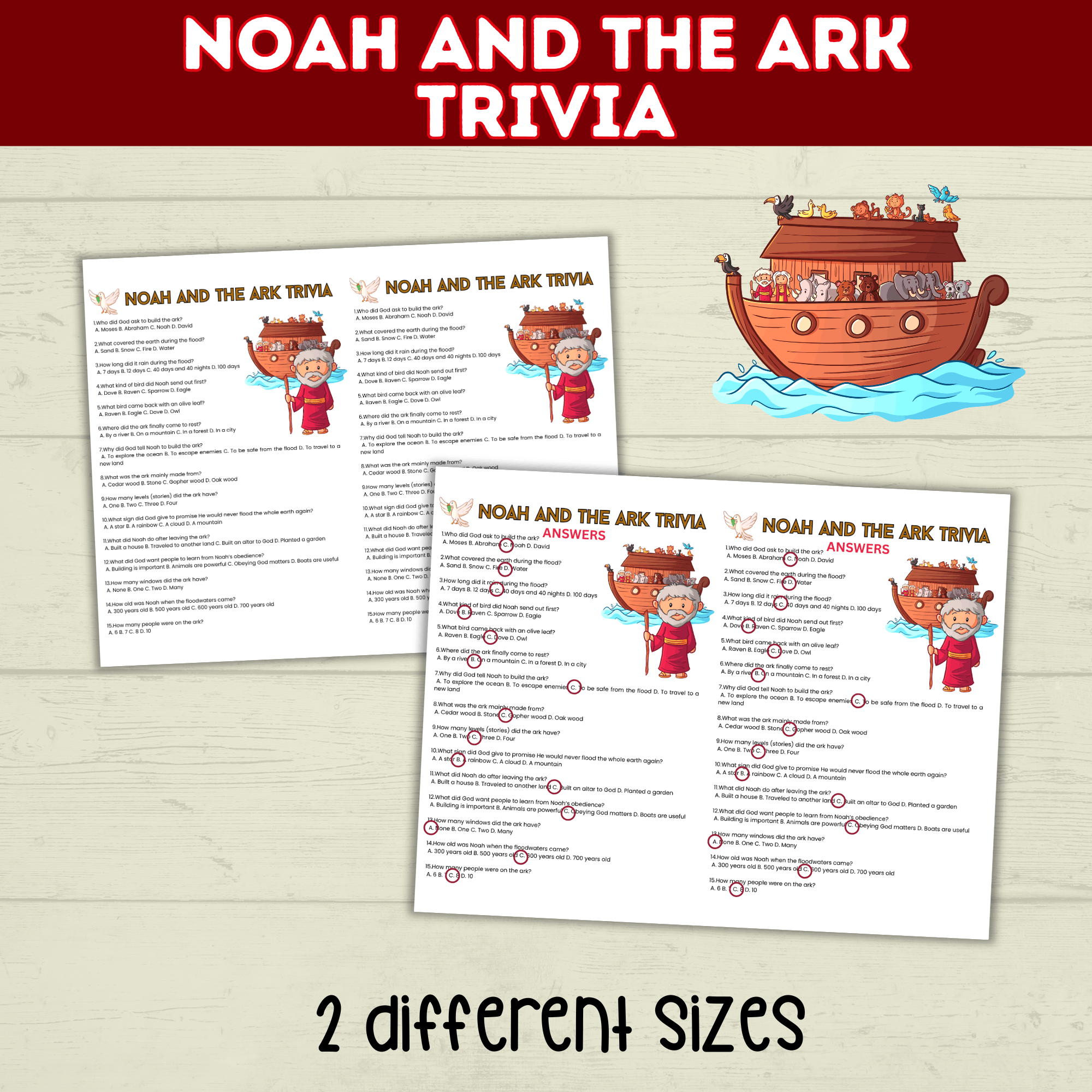 Noah's Ark Trivia Game Printable Old Testament Activity, Sunday School, Church, Homeschool Genesis Lesson, Bible Characters