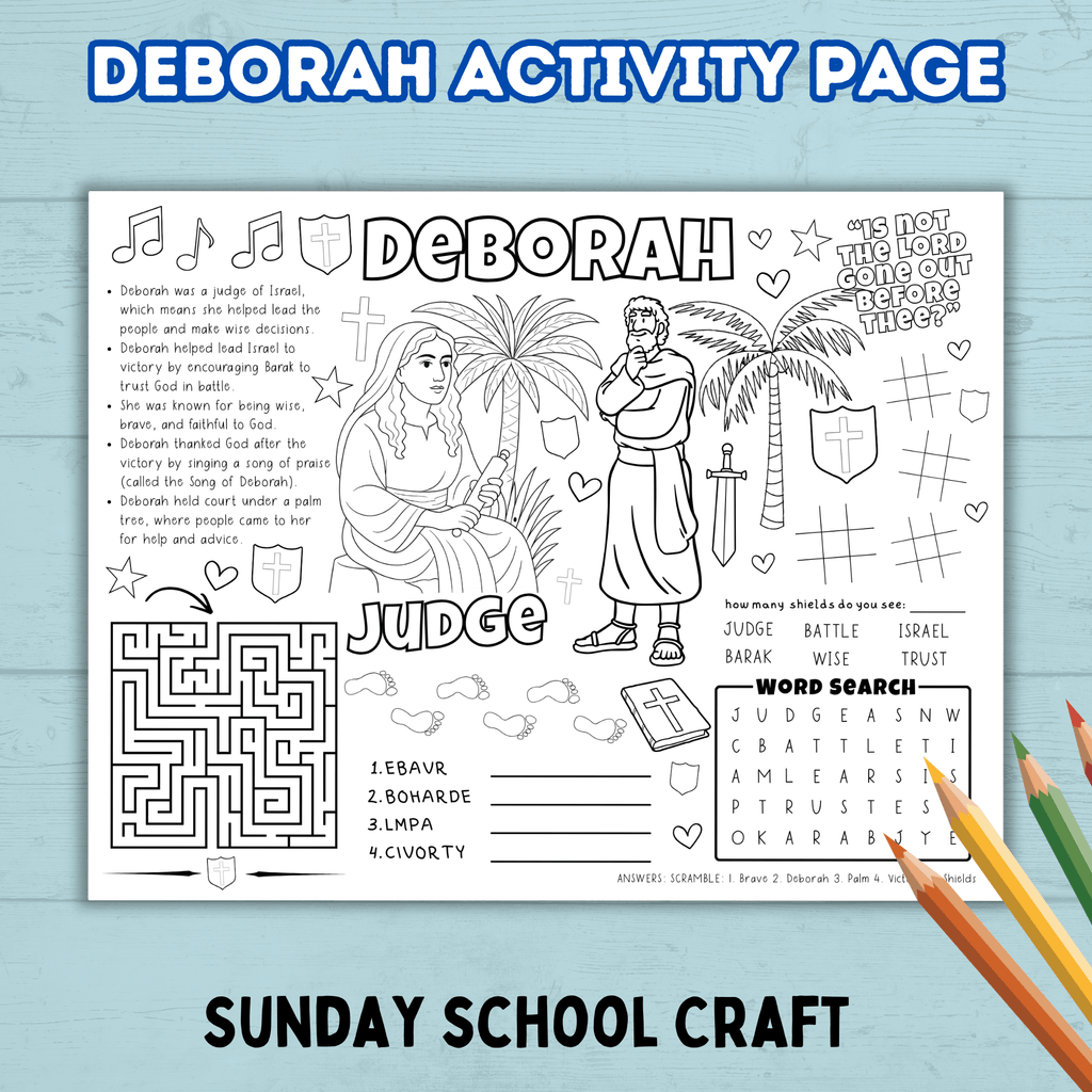Bible Deborah Story Activity Page, Sunday School Craft, Christian Activity, Bible Lesson for Kids, Faith Lesson