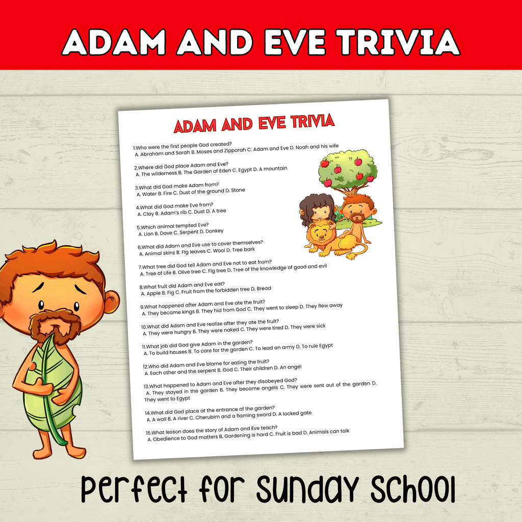 Adam and Eve Trivia Printable for Kids, Garden of Eden, Bible Characters, Sunday School Lesson