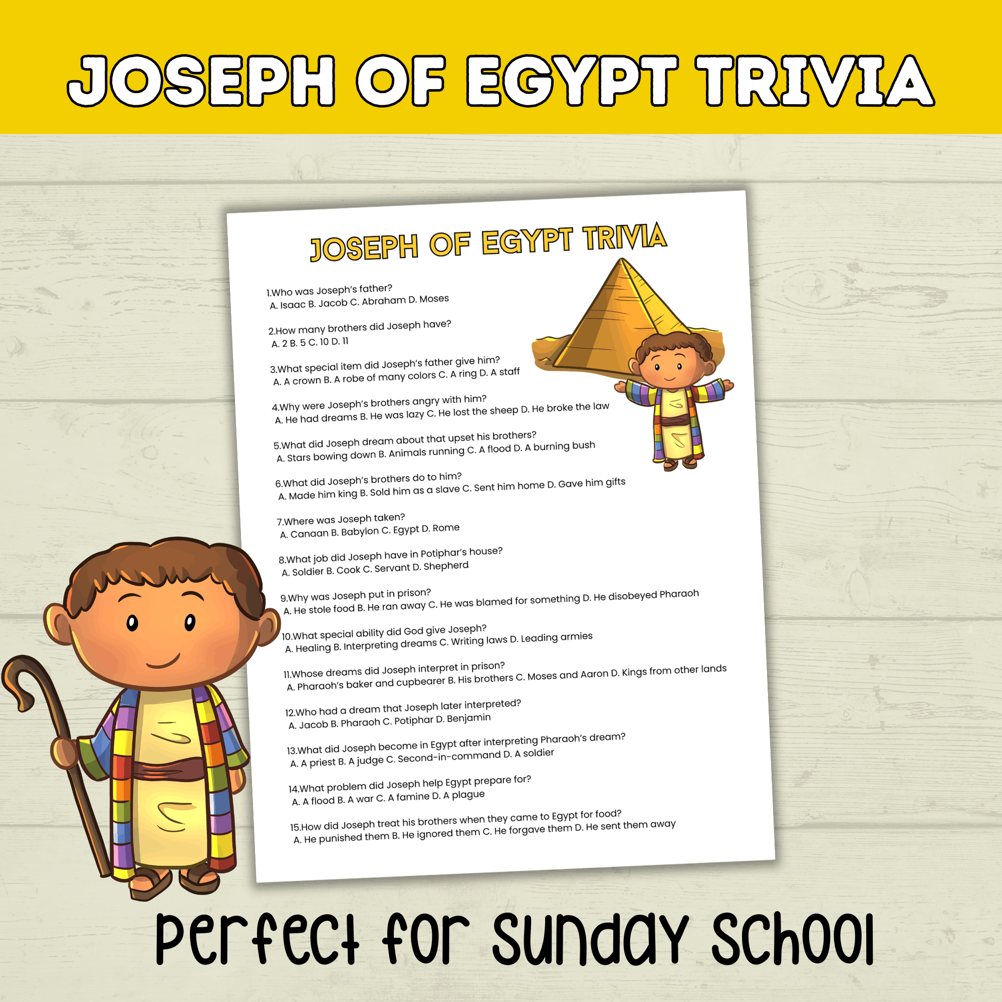 Prince Joseph and the Coat of Many Colors in Egypt Bible Story Trivia, Genesis Bible Lesson, Old Testament Activity, Homeschool, Church