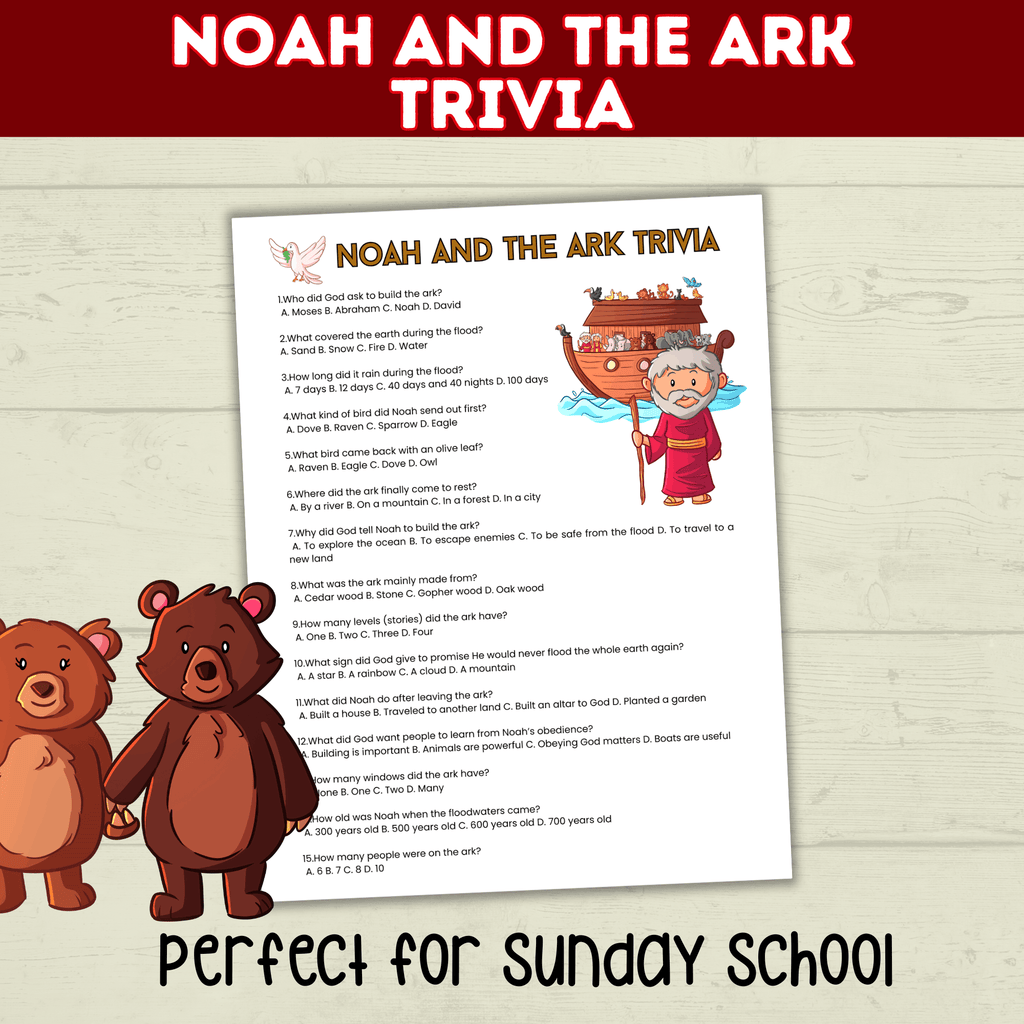 Noah's Ark Trivia Game Printable Old Testament Activity, Sunday School, Church, Homeschool Genesis Lesson, Bible Characters