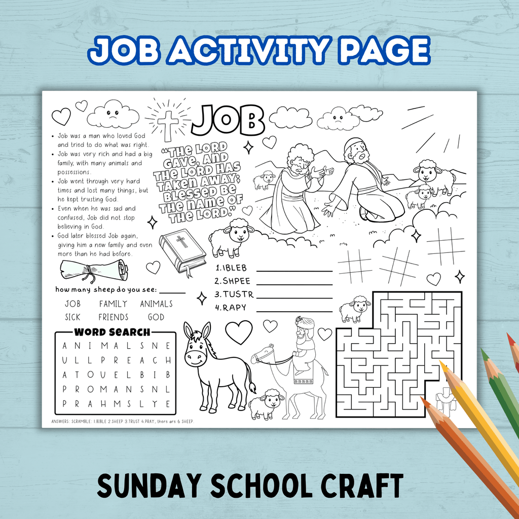 Bible Job Story Activity Page, Sunday School Craft, Christian Activity, Bible Lesson for Kids, Faith Lesson