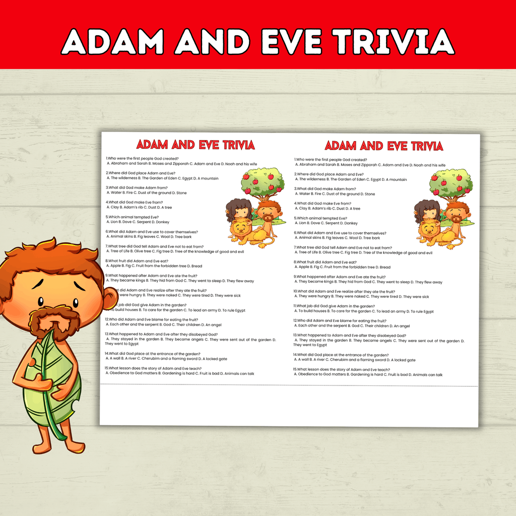 Adam and Eve Trivia Printable for Kids, Garden of Eden, Bible Characters, Sunday School Lesson
