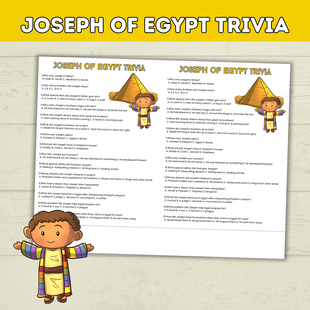 Prince Joseph and the Coat of Many Colors in Egypt Bible Story Trivia, Genesis Bible Lesson, Old Testament Activity, Homeschool, Church