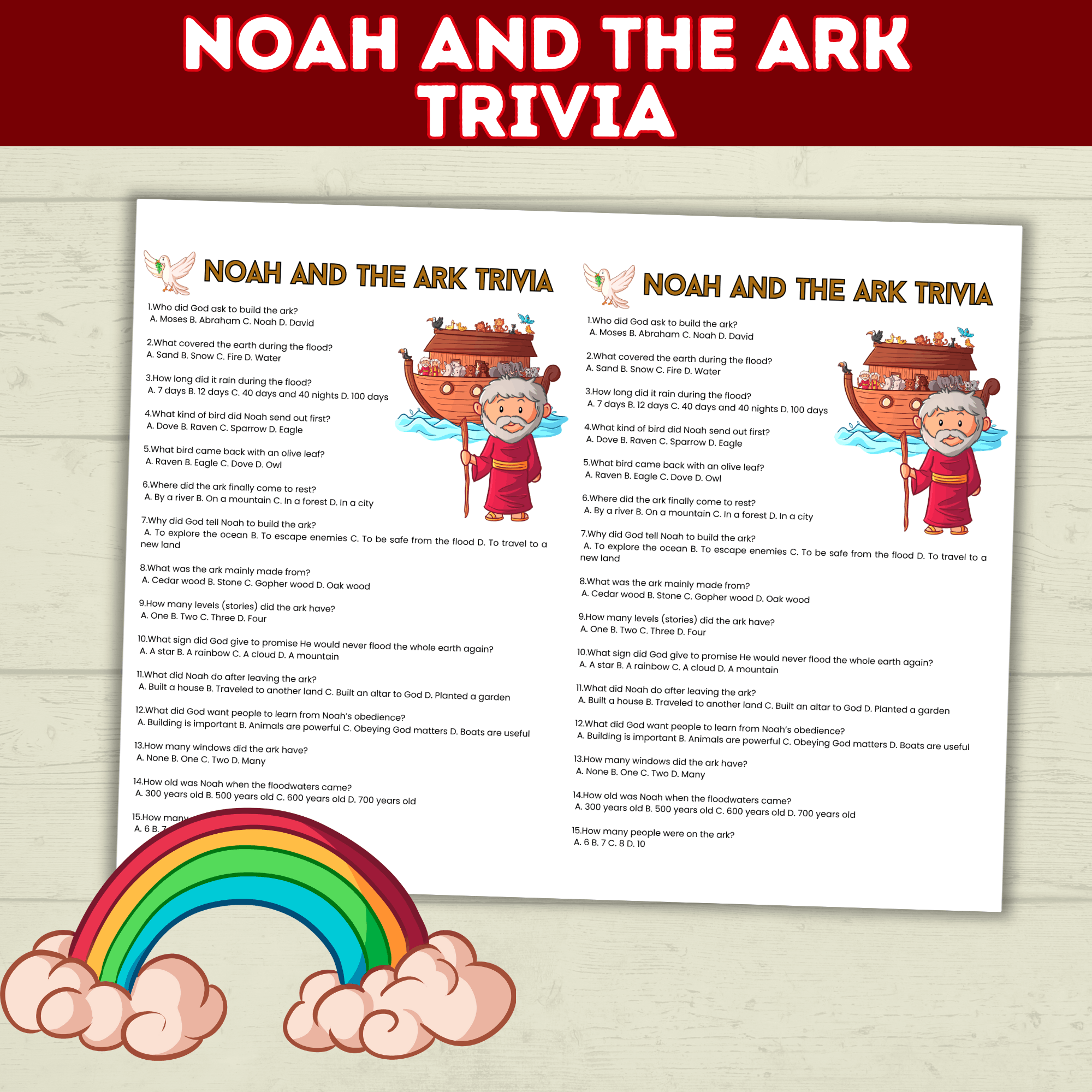 Noah's Ark Trivia Game Printable Old Testament Activity, Sunday School, Church, Homeschool Genesis Lesson, Bible Characters