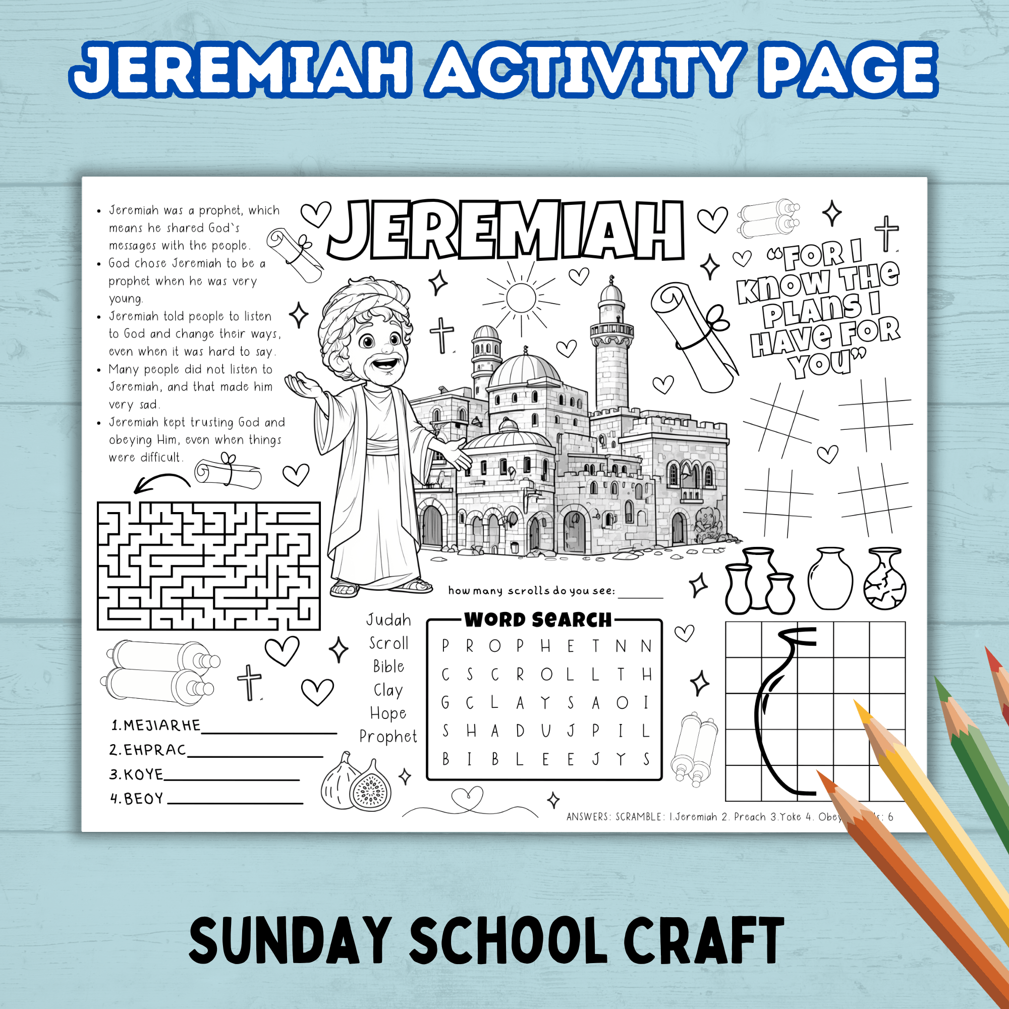 Bible Jeremiah Story Activity Page, Sunday School Craft, Christian Activity, Bible Lesson for Kids, Faith Lesson