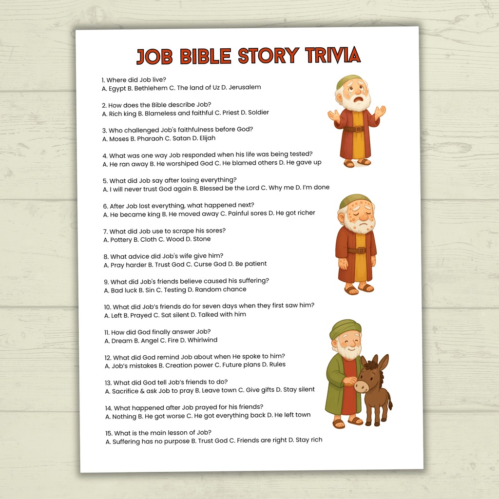 Job Trivia, Job Bible Story Trivia, Kids Trivia, Sunday School Activity, Bible Christian Game