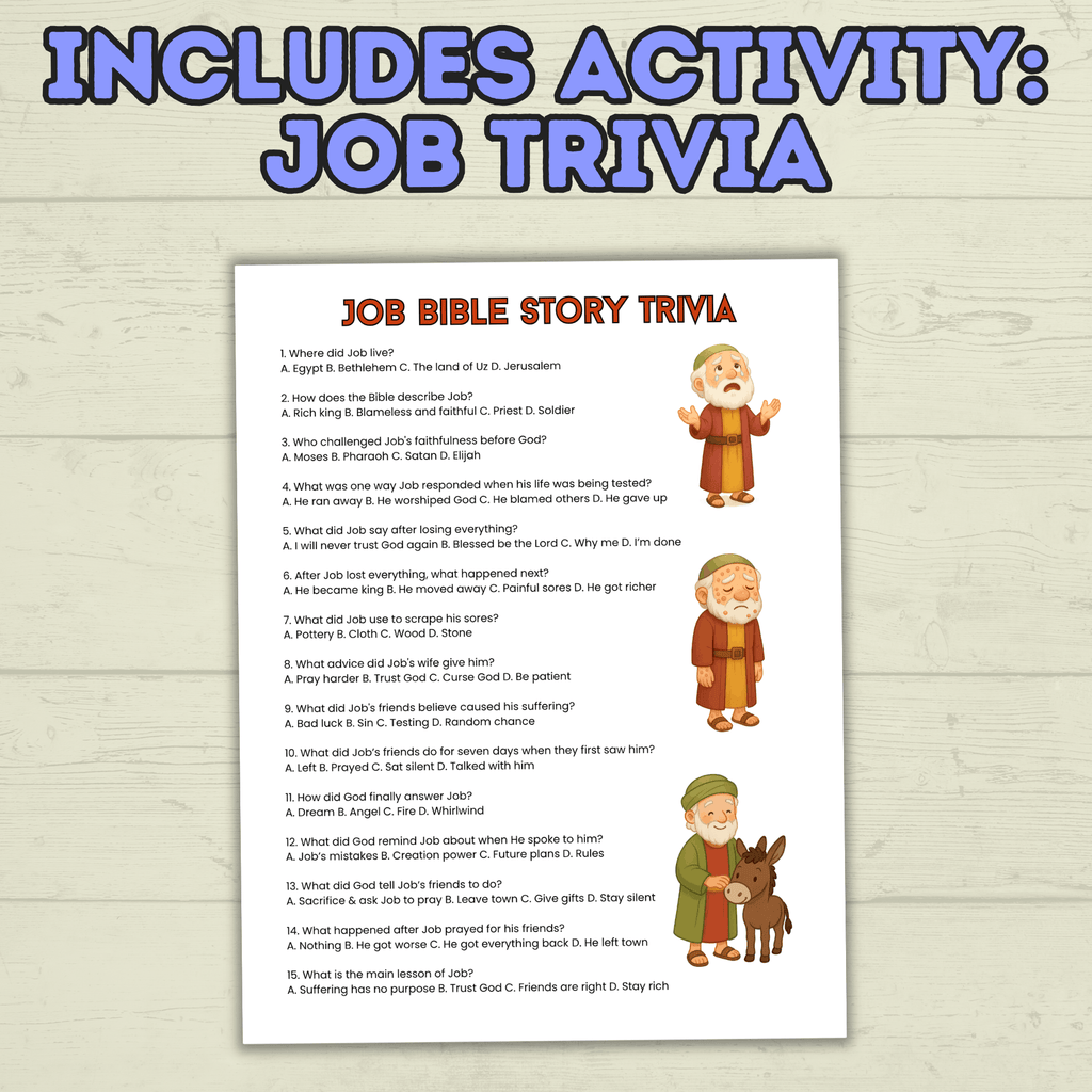 Trust in God Lesson, Bible Lesson, Job Story, Job Lesson, Noah Lesson, Noah and the Ark, Job Trivia, Sunday School Activity