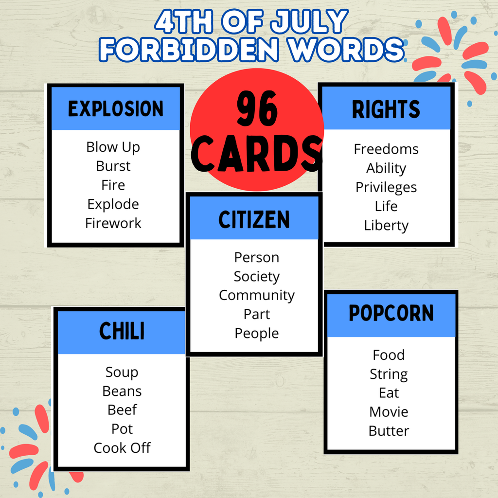 4th of July Forbidden Words Games for Adults and Kids, 4th of July Activity, Patriotic Games, Summer BBQ family games, Independence Day,