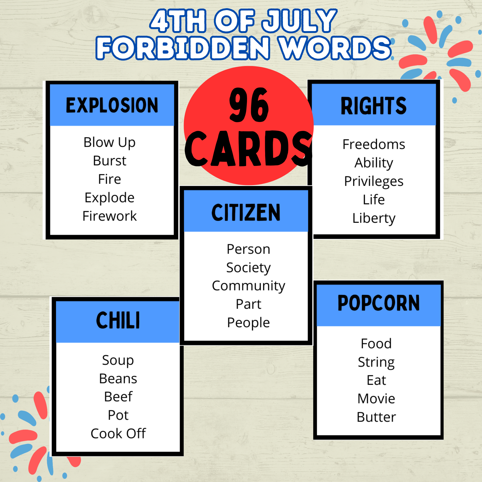 4th of July Forbidden Words Games for Adults and Kids, 4th of July Activity, Patriotic Games, Summer BBQ family games, Independence Day,
