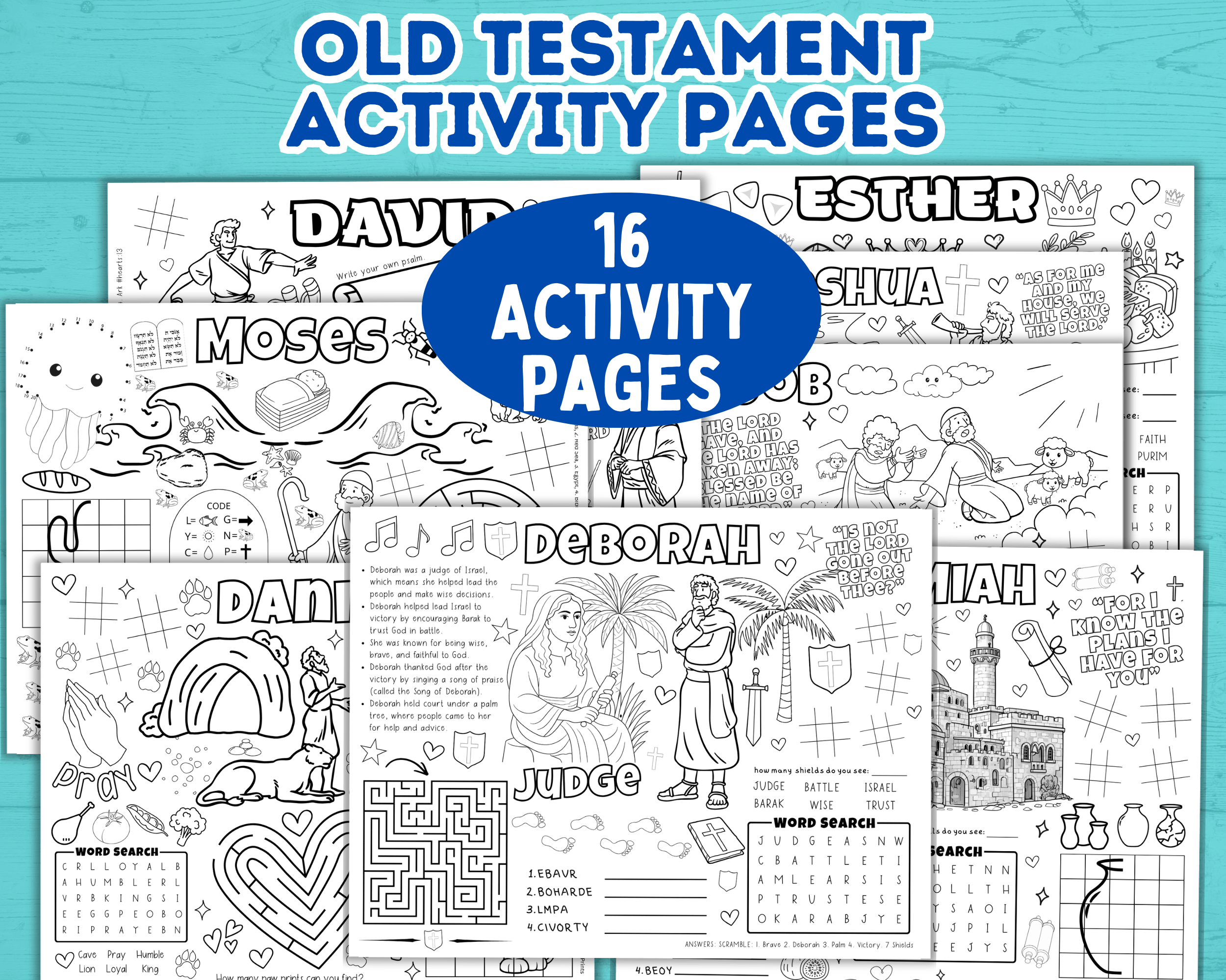 Old Testament Activity Pages, Bible Characters Pages, Sunday School Activity, Bible Activity, Church Games, Moses, Job, Deborah, Ruth, Noah