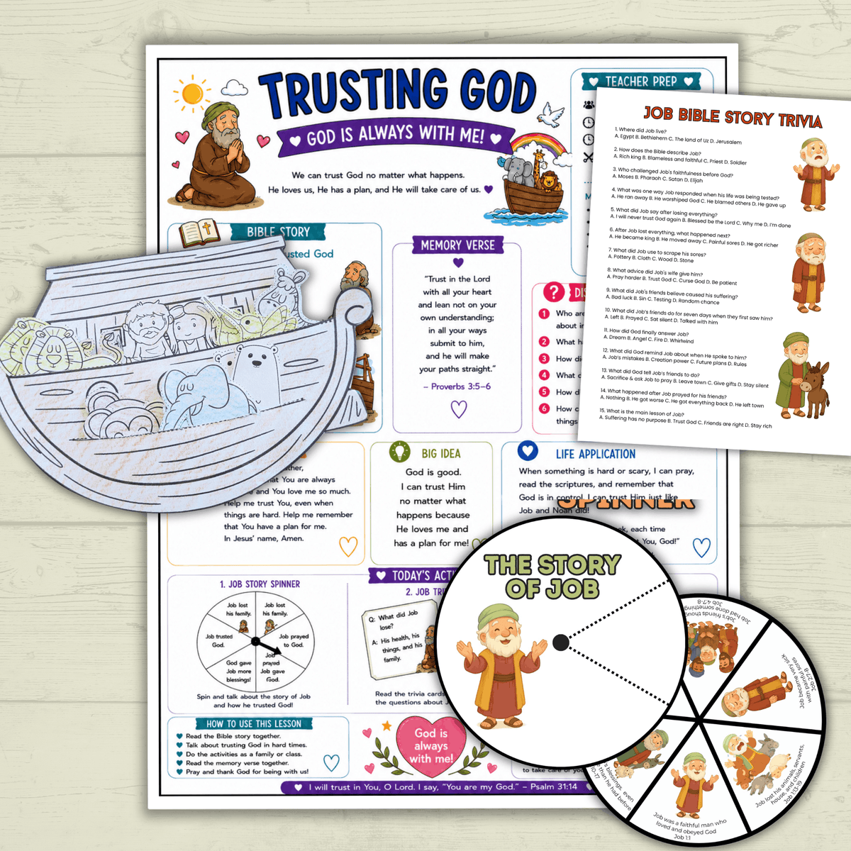 Trust in God Lesson, Bible Lesson, Job Story, Job Lesson, Noah Lesson, Noah and the Ark, Job Trivia, Sunday School Activity
