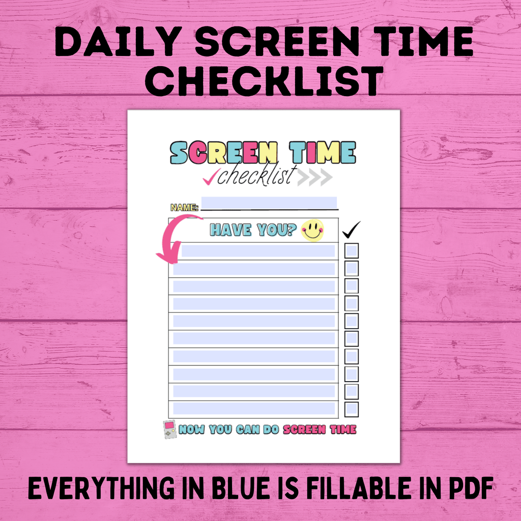 Daily Screen Time Checklist | Checklist for Kids | Screen Time Reward Chart | Chore Chart | TV Chart | Daily Checklist | Fillable PDF