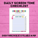 Daily Screen Time Checklist | Checklist for Kids | Screen Time Reward Chart | Chore Chart | TV Chart | Daily Checklist | Fillable PDF