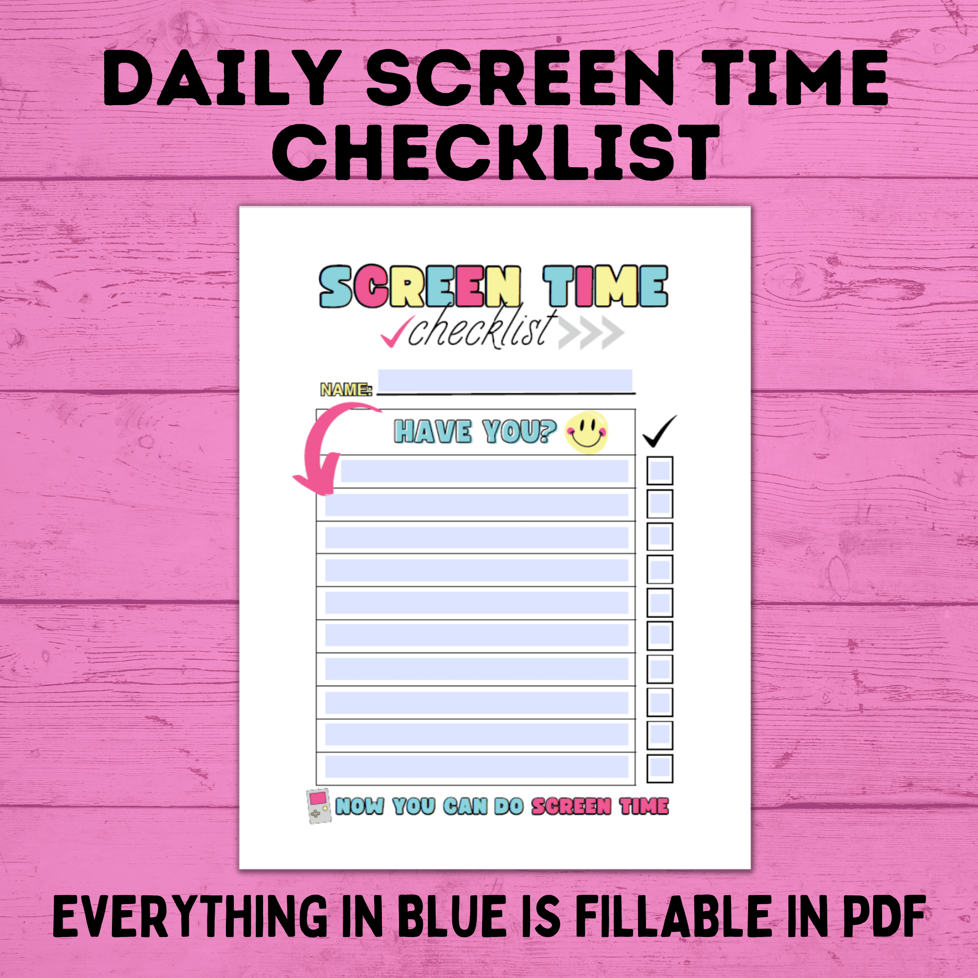 Daily Screen Time Checklist | Checklist for Kids | Screen Time Reward Chart | Chore Chart | TV Chart | Daily Checklist | Fillable PDF