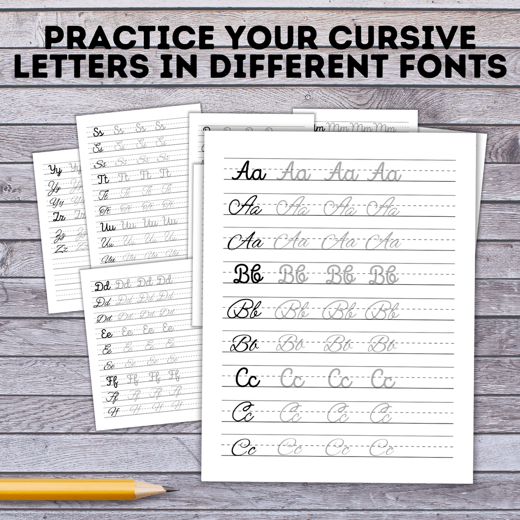 Cursive Alphabet Practice Sheets with Different Fonts | Handwriting Practice | Handwriting Cursive | Cursive Practice Sheets