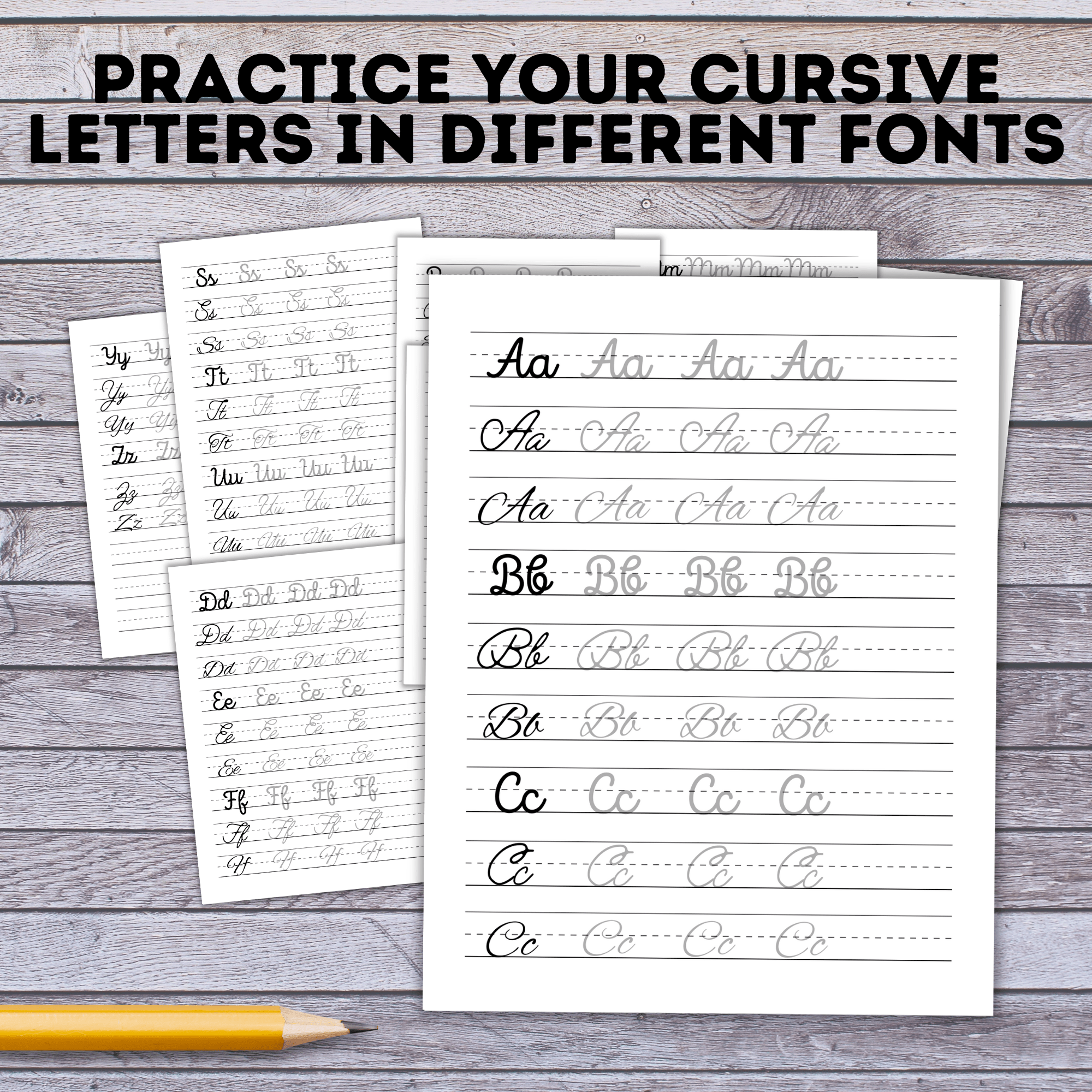 Cursive Alphabet Practice Sheets with Different Fonts | Handwriting Practice | Handwriting Cursive | Cursive Practice Sheets