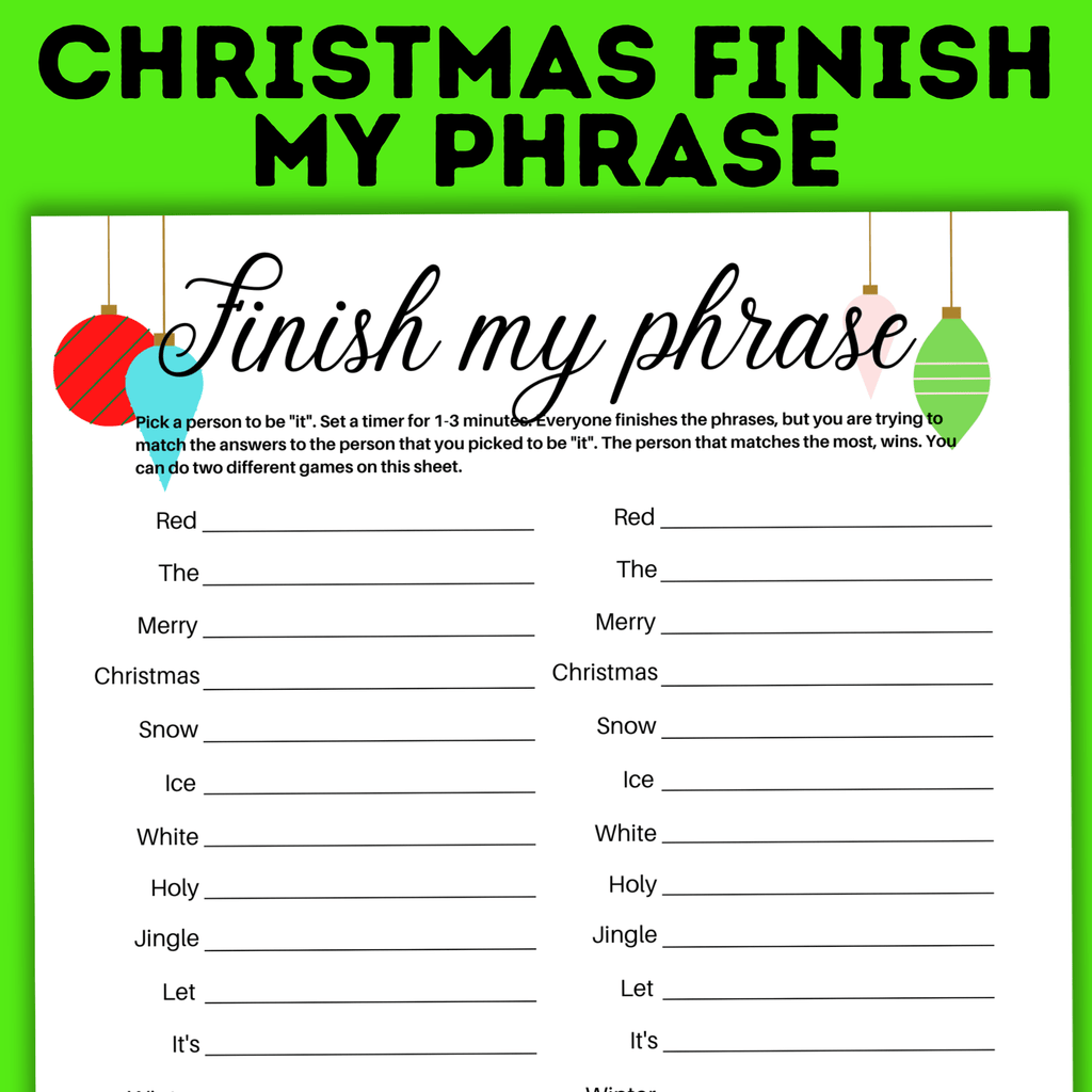 Christmas Finish my Phrase Game for Kids | Party Game | Christmas Printable