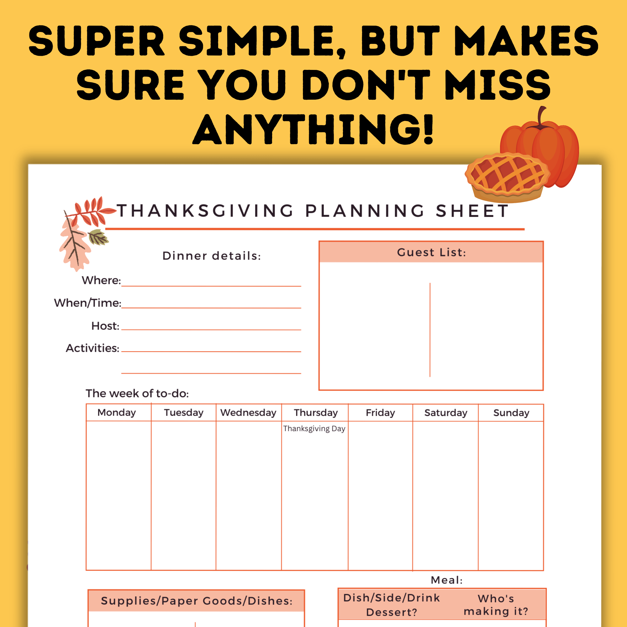 One Sheet Thanksgiving Planner | Thanksgiving Meal Planner | Simple Planner